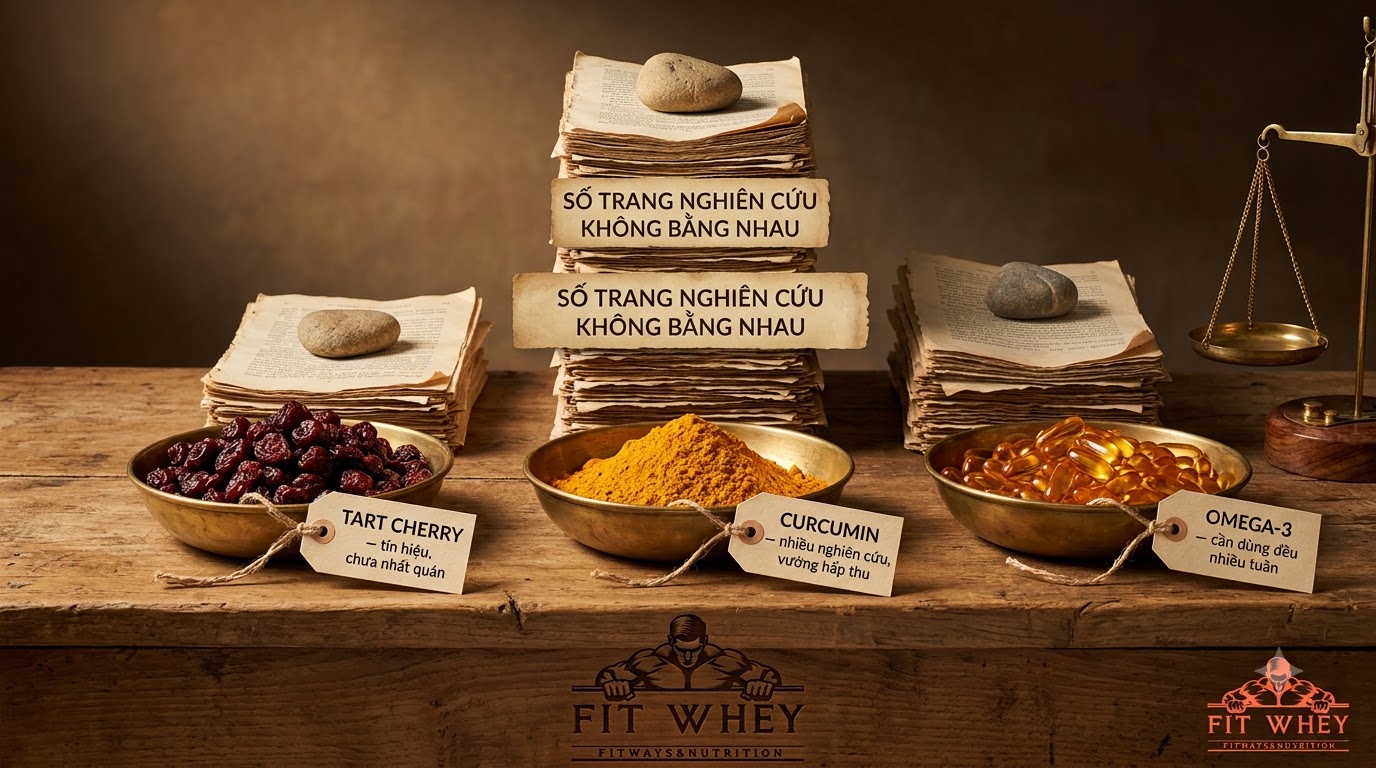 Các nguyên liệu tart cherry, curcumin và omega-3 trên mặt bàn
