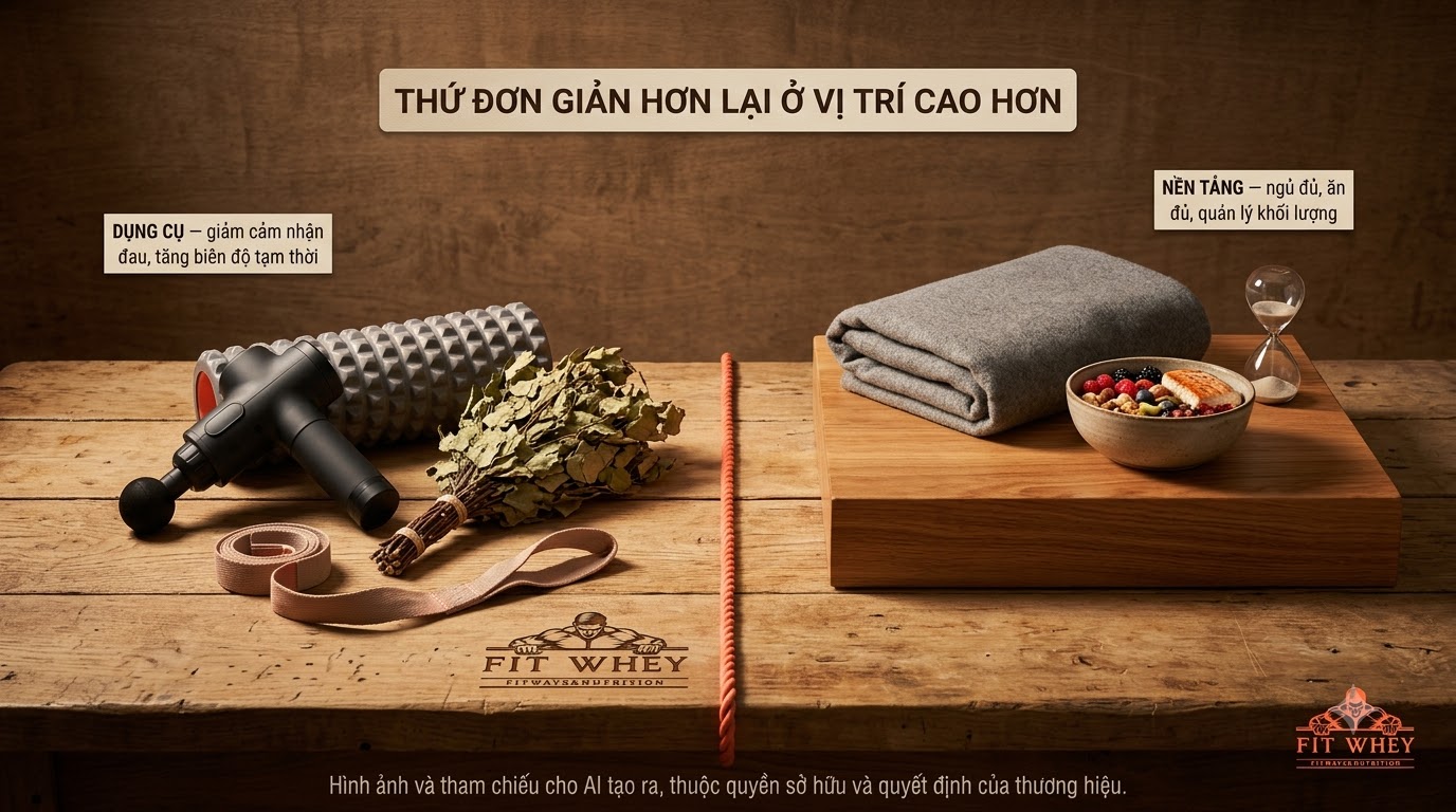 Massage gun, foam roller và dụng cụ giãn cơ được đặt cạnh nhau