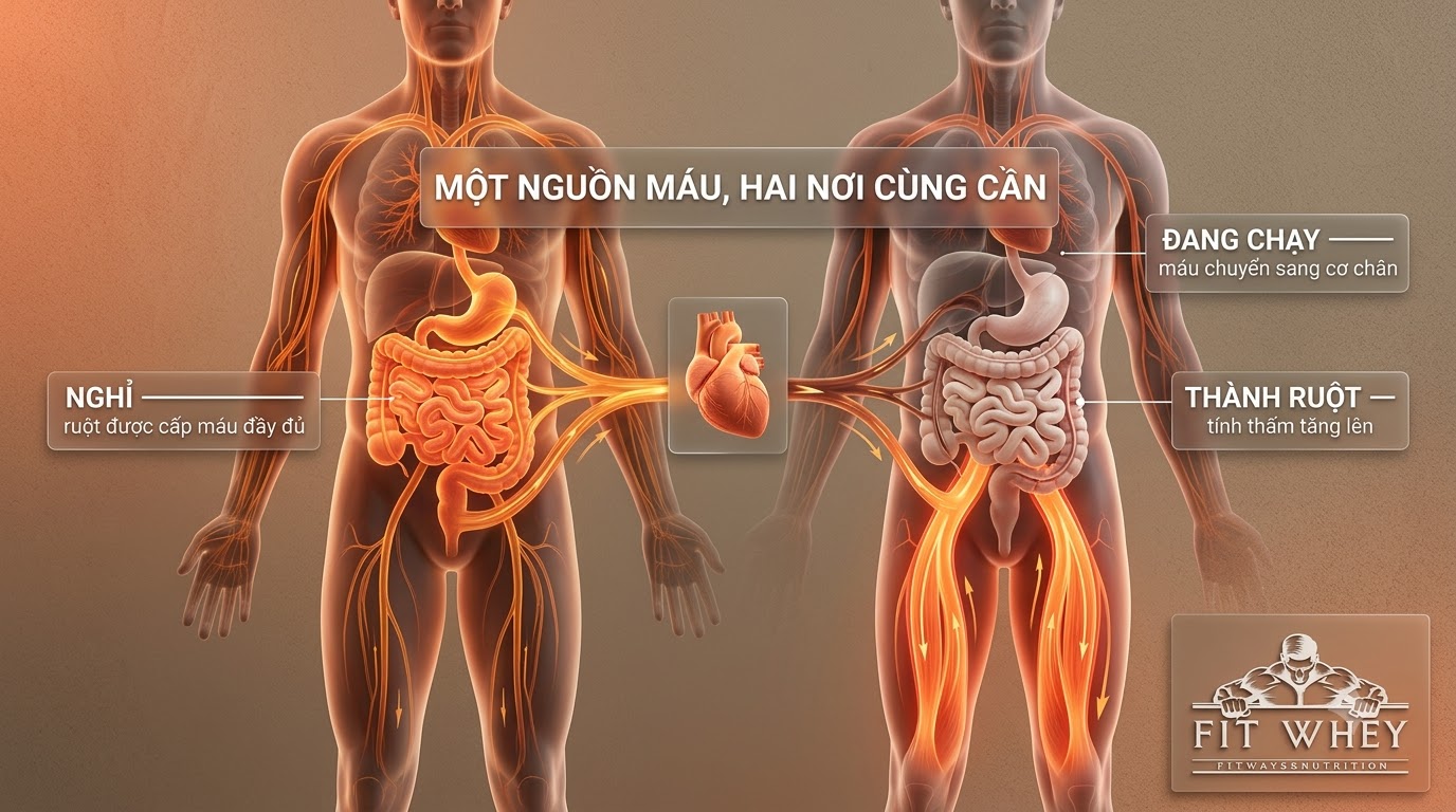 Minh họa dòng máu được phân phối lại giữa ruột, cơ và da khi vận động