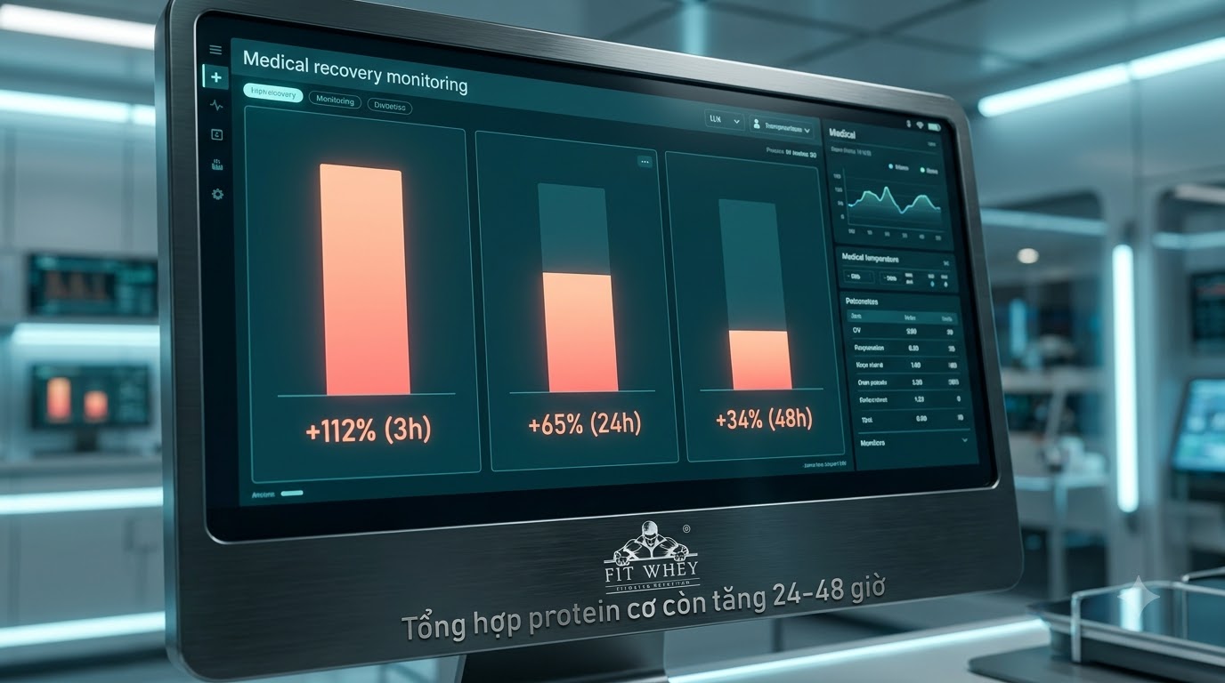 Màn hình theo dõi phục hồi hiển thị ba cột giảm dần +112% (3h), +65% (24h) và +34% (48h), dưới dòng “Tổng hợp protein cơ còn tăng 24–48 giờ”