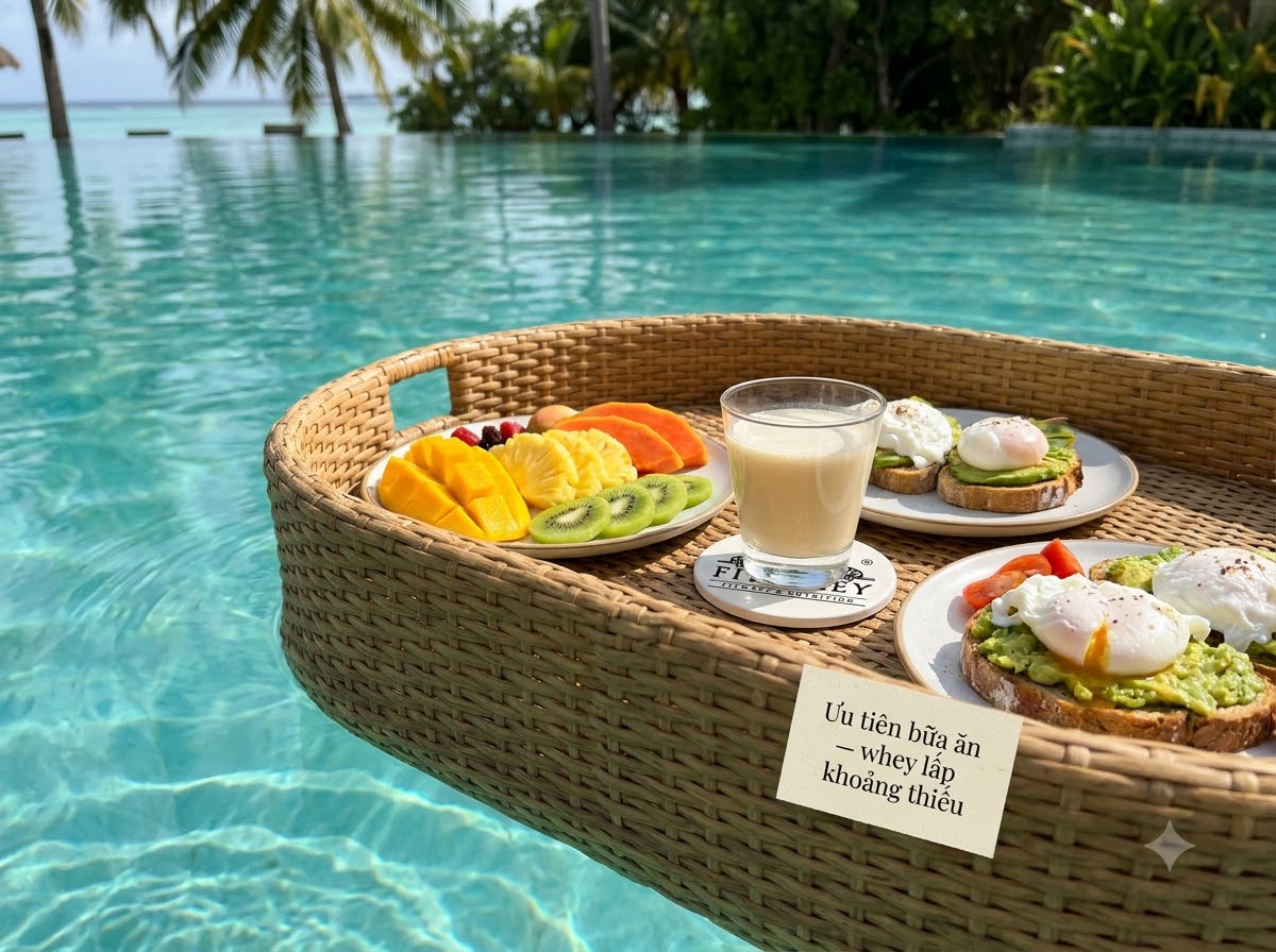Khay mây nổi trên hồ nước xanh ngọc bày trái cây nhiệt đới, bánh mì bơ trứng chần và ly sữa, thẻ ghi “Ưu tiên bữa ăn — whey lấp khoảng thiếu”