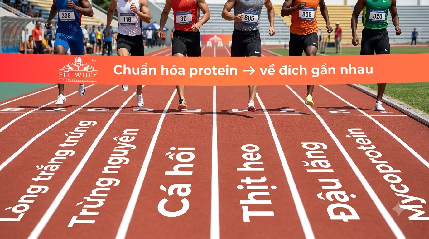 Sáu vận động viên về đích gần như cùng lúc trên các làn chạy ghi tên nguồn protein lòng trắng trứng, trứng nguyên, cá hồi, thịt heo, đậu lăng và mycoprotein, dải đích ghi “Chuẩn hóa protein → về đích gần nhau”