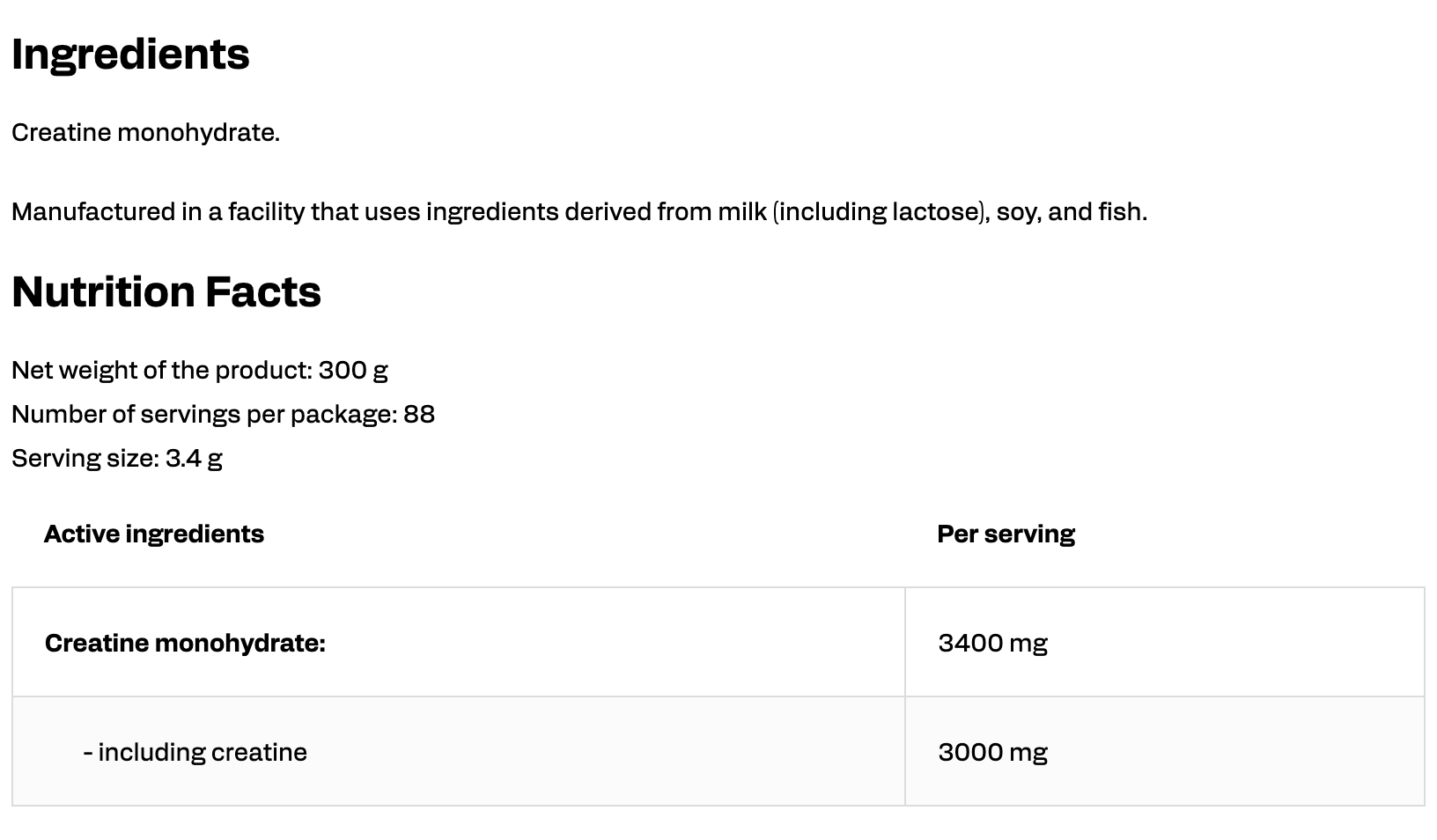 Bảng Nutrition Facts trên bao bì OstroVit 100% Creatine Monohydrate 300 g bản không vị: khối lượng tịnh 300 g, 88 khẩu phần, khẩu phần 3,4 g, creatine monohydrate 3.400 mg mỗi khẩu phần trong đó 3.000 mg creatine