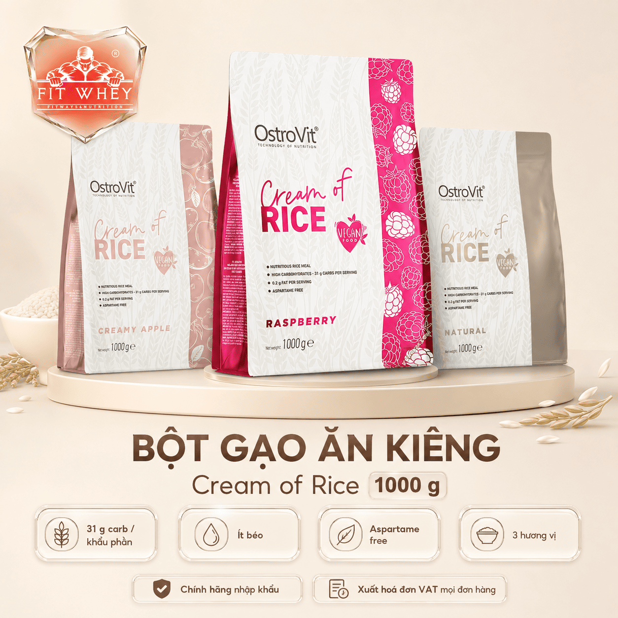 Ba gói OstroVit Cream of Rice 1kg vị Creamy Apple, Raspberry và Natural
