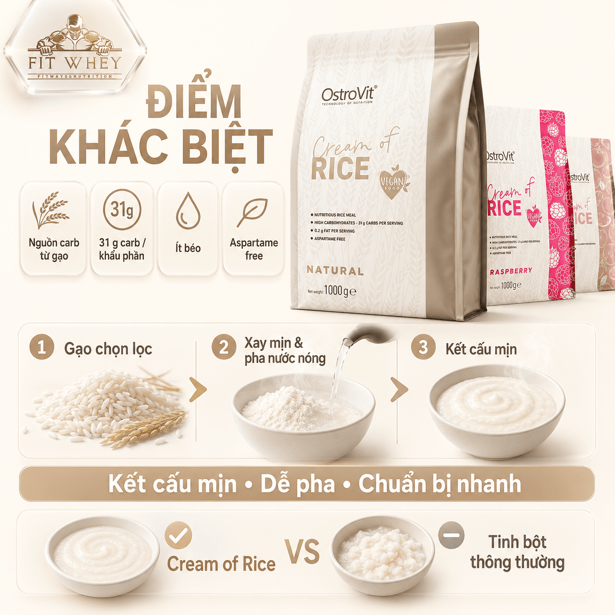 Đặc điểm Cream of Rice: 31g carbohydrate mỗi khẩu phần, ít béo và không aspartame