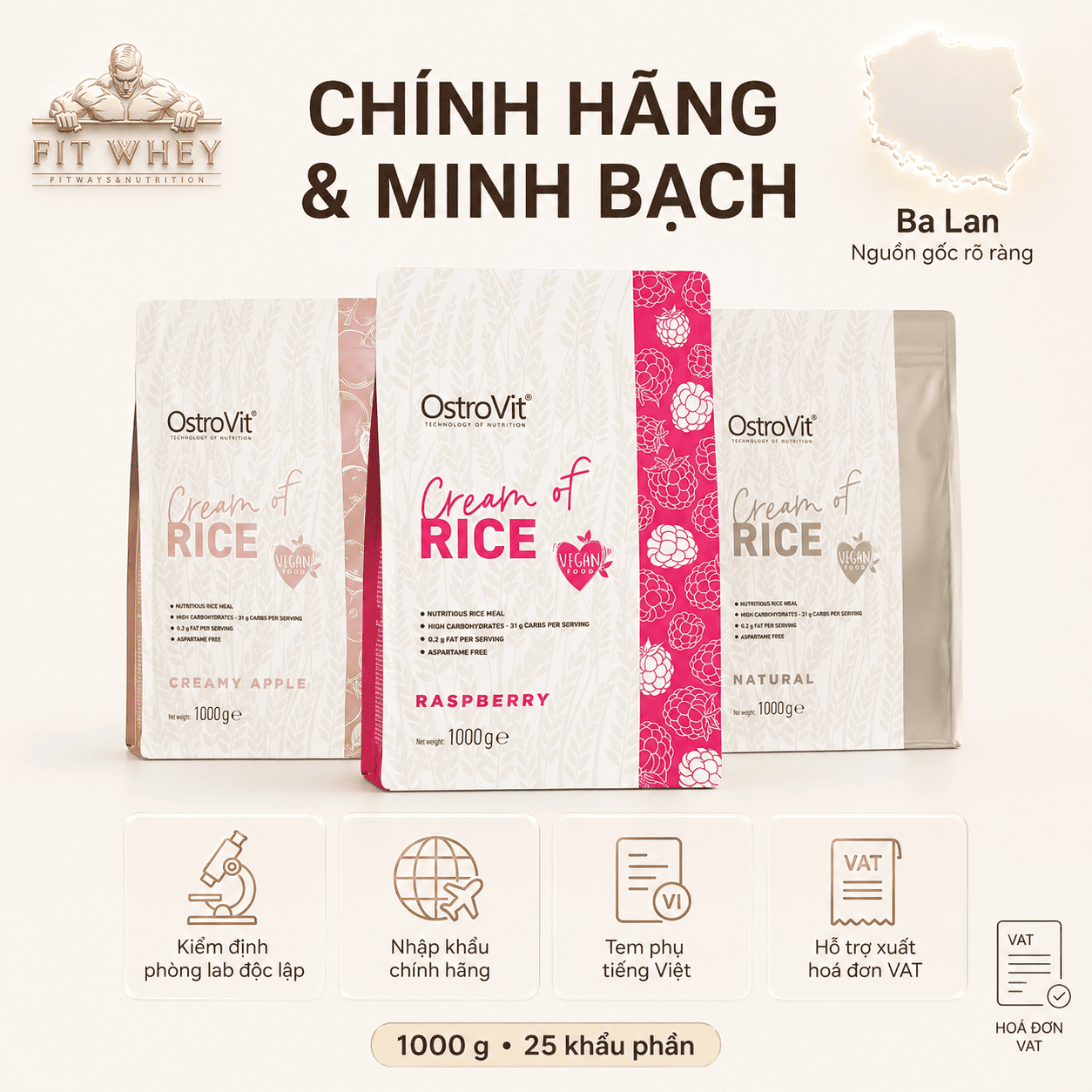 Nguồn gốc Ba Lan và thông tin nhập khẩu OstroVit Cream of Rice 1kg