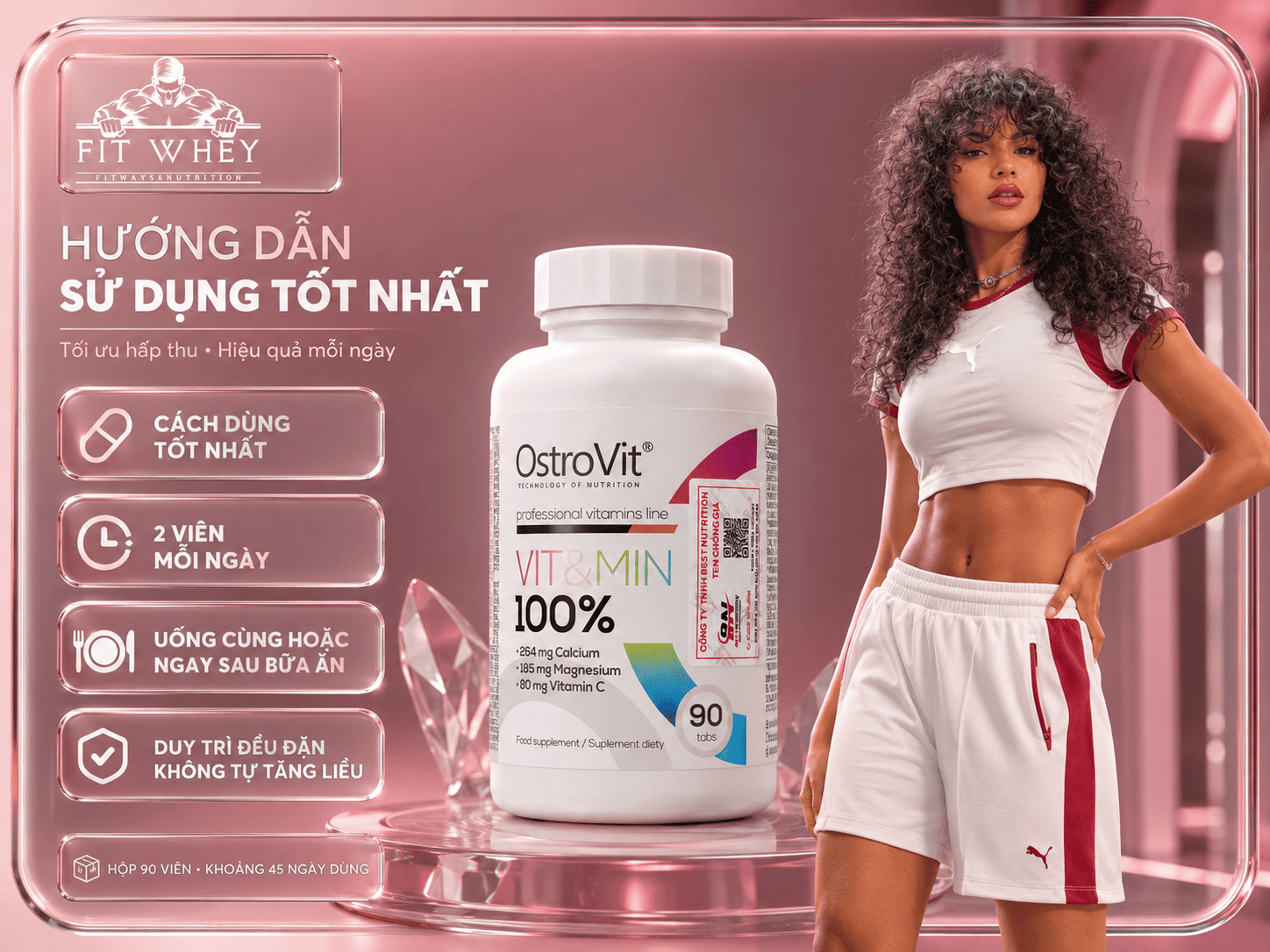 Hướng dẫn dùng OstroVit Vit&Min 100%: 2 viên mỗi ngày cùng hoặc sau bữa ăn