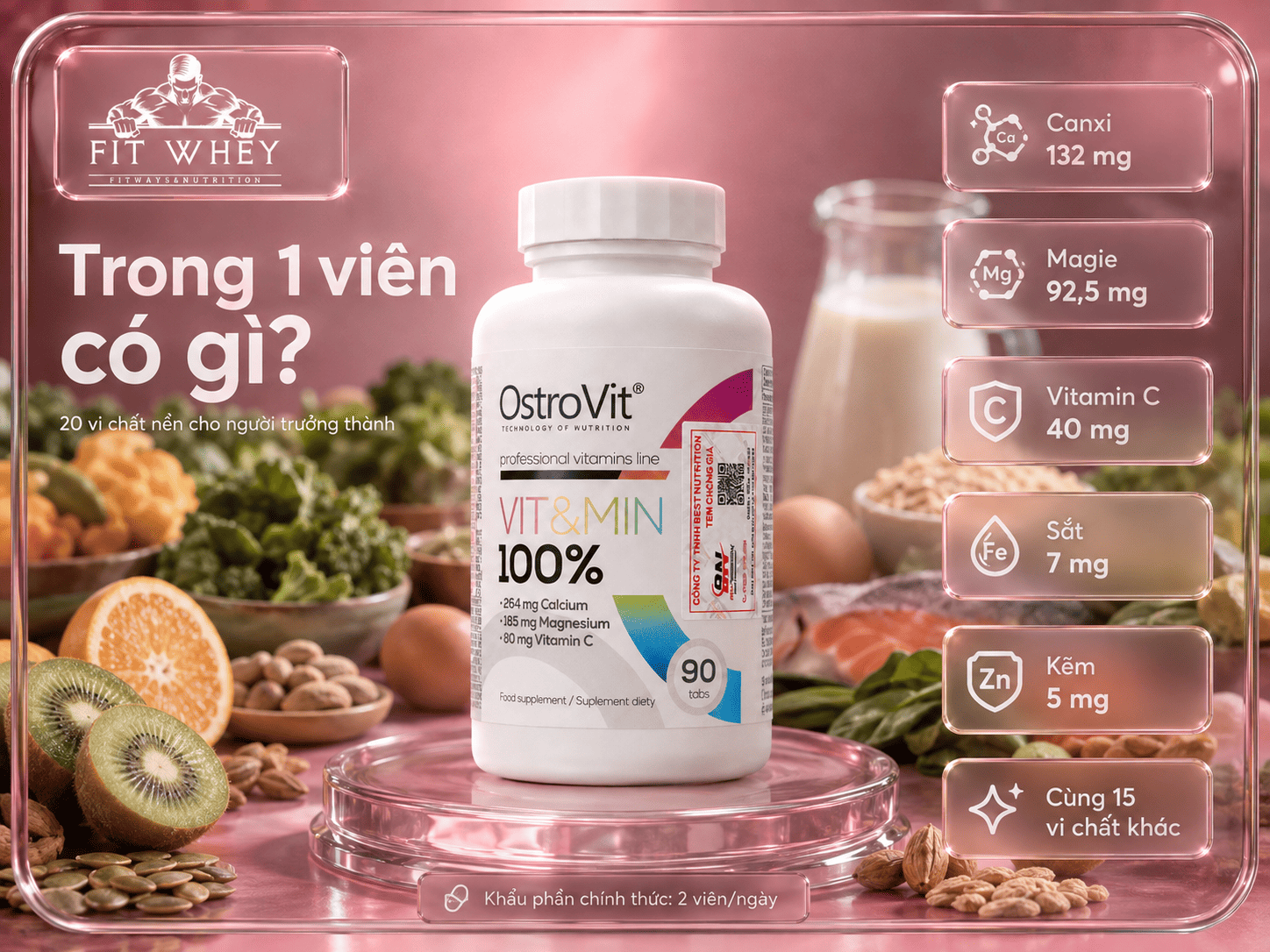 Thành phần trong 1 viên OstroVit Vit&Min 100%: canxi, magie, vitamin C, sắt và kẽm