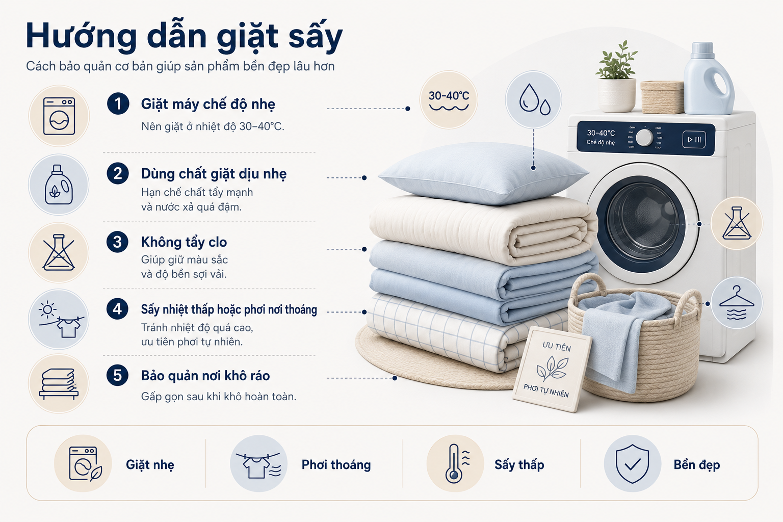 Hướng dẫn giặt sấy chăn ga gối đệm