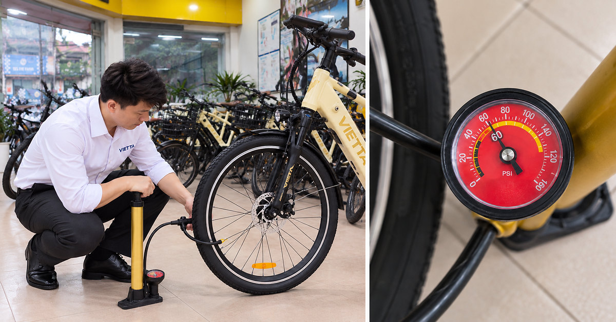 Kỹ thuật viên kiểm tra áp suất lốp xe đạp trợ lực VIETTA bằng đồng hồ