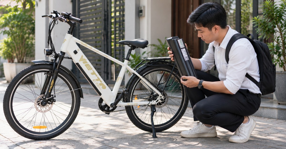 Người dùng kiểm tra mức pin xe đạp trợ lực trước hành trình đi làm