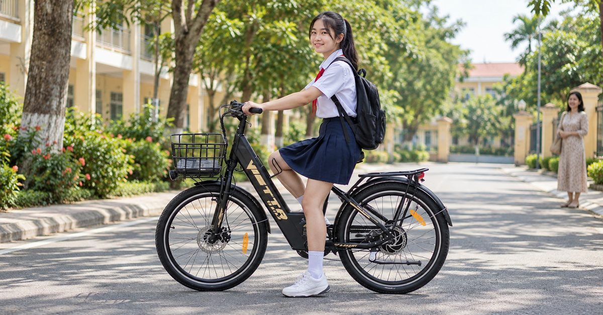Học sinh chống chân xuống đất khi thử xe đạp trợ lực VIETTA