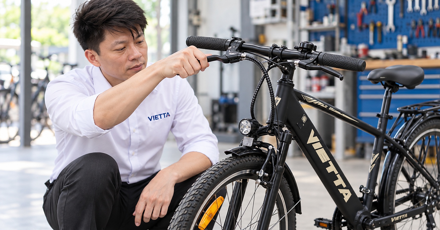Kỹ thuật viên kiểm tra tay phanh xe VIETTA khi bảo dưỡng