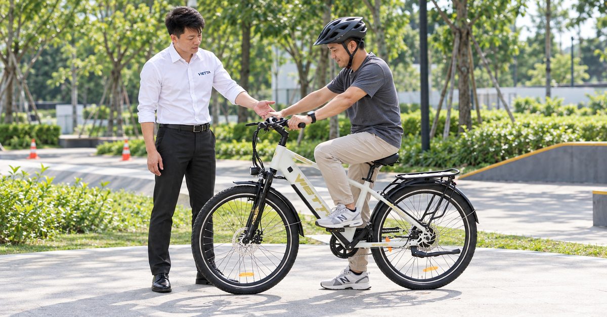 Người dùng kiểm tra tư thế và khả năng chống chân trên xe VIETTA