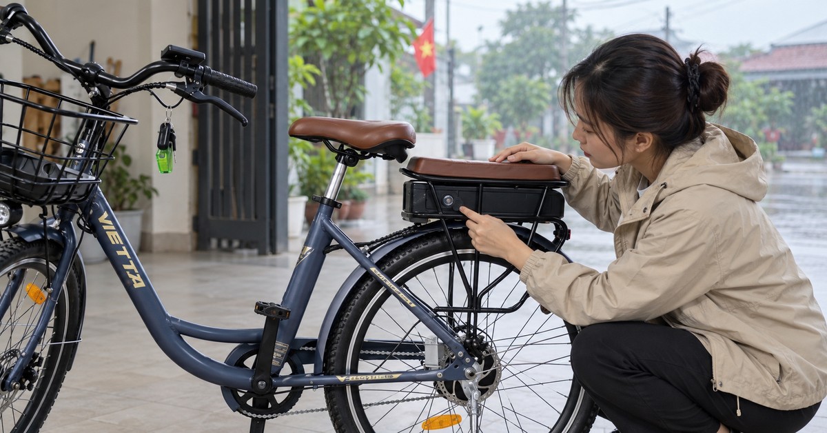 Kiểm tra cổng sạc, lốp và phanh xe VIETTA trước khi đi mưa