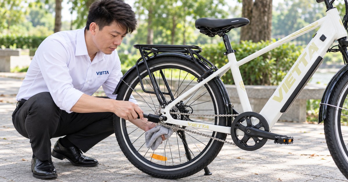 Làm sạch xích xe đạp trợ lực VIETTA bằng bàn chải khi xe đã tắt nguồn