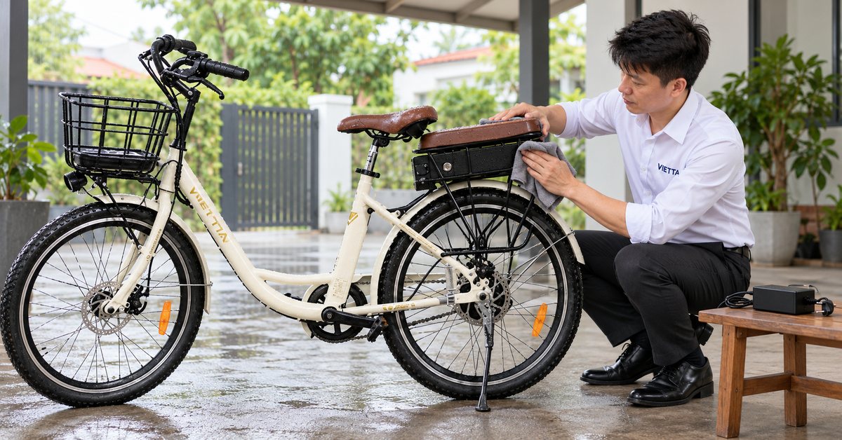 Lau khô xe VIETTA và cổng sạc sau khi đi mưa trước khi sạc