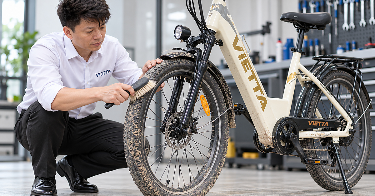 Dùng bàn chải mềm loại bùn cát khô trên xe VIETTA trước khi lau