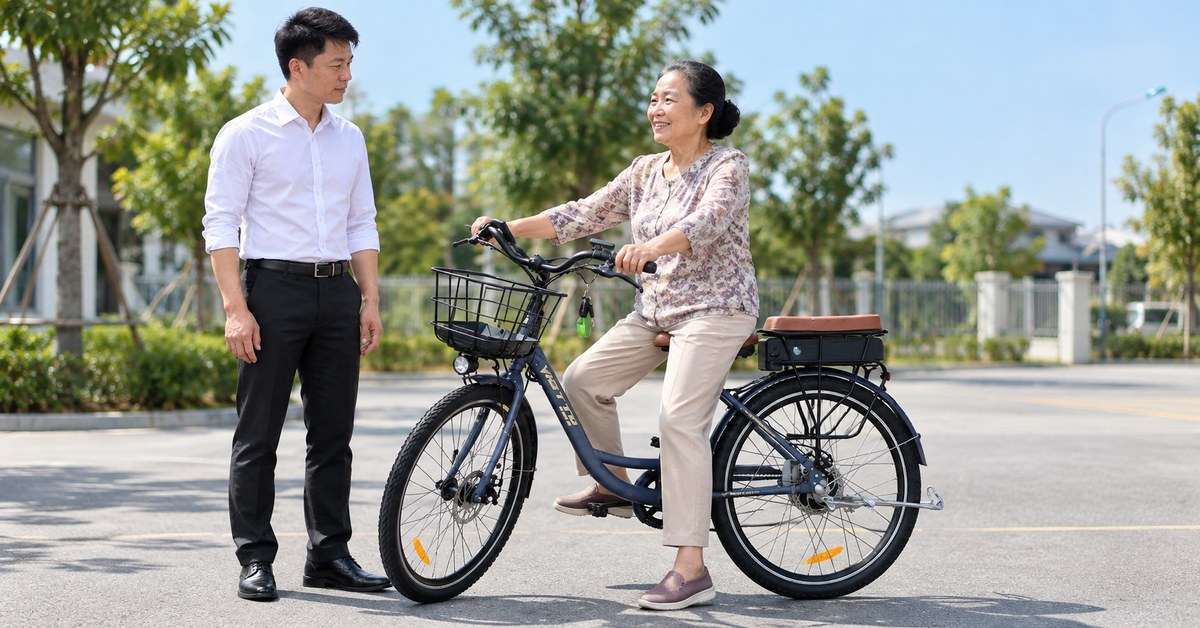 Người cao tuổi kiểm tra tay phanh trên xe đạp trợ lực VIETTA