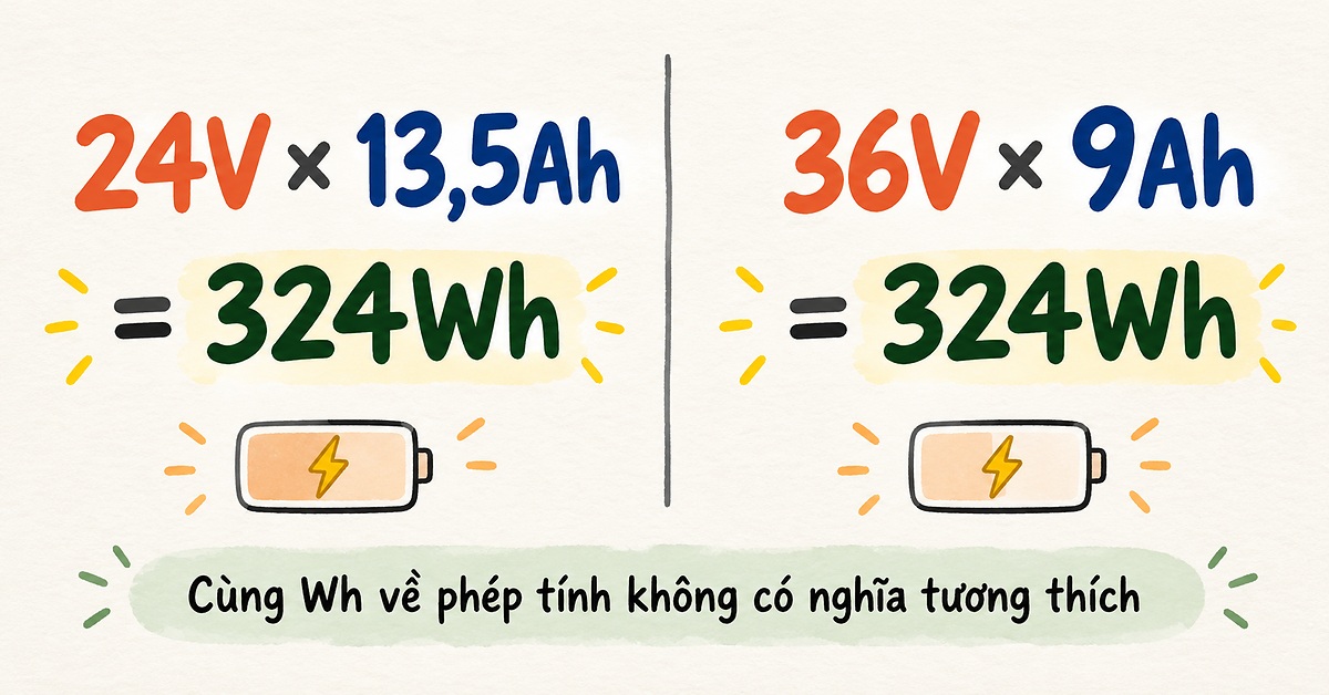 Ví dụ hai cấu hình pin khác V và Ah cùng cho 324Wh