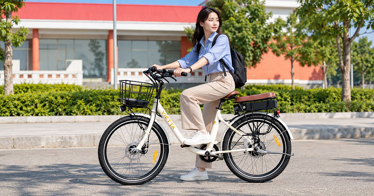 Người đi làm thử tư thế và khả năng chống chân trên xe đạp trợ lực VIETTA