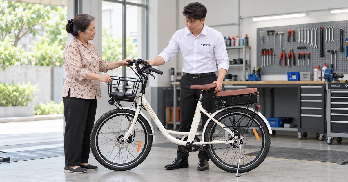 Kỹ thuật viên VIETTA tiếp nhận xe đạp trợ lực để kiểm tra