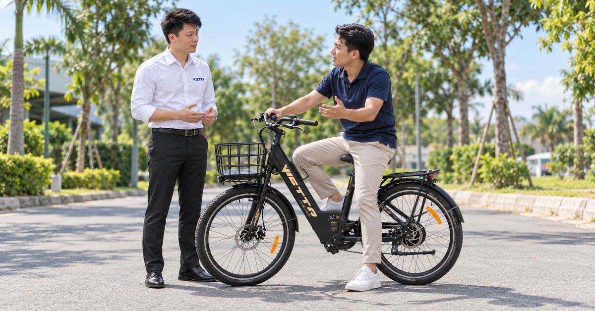 Khách hàng trải nghiệm thực tế xe đạp trợ lực VIETTA trước khi mua