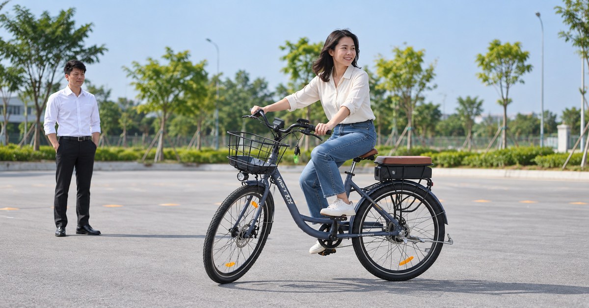 Khách hàng trải nghiệm xe đạp trợ lực VIETTA trước khi lựa chọn