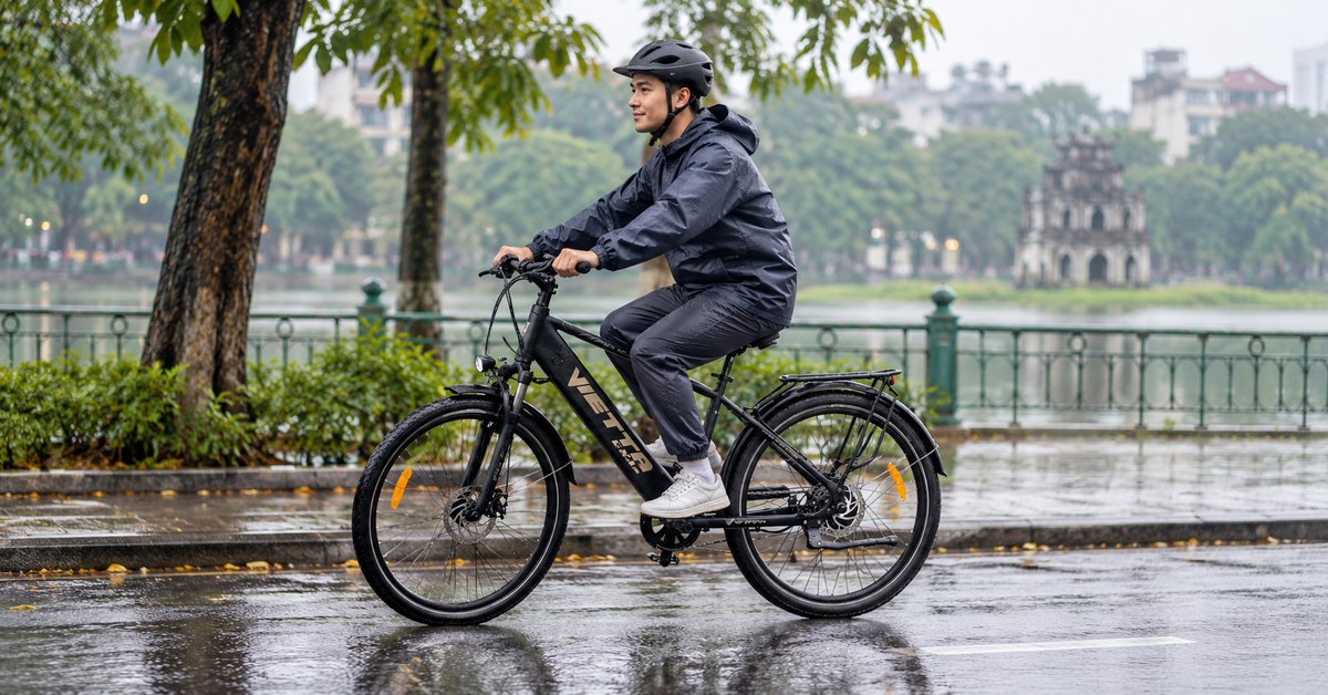 Xe đạp trợ lực VIETTA sử dụng thận trọng trong điều kiện mưa nhẹ