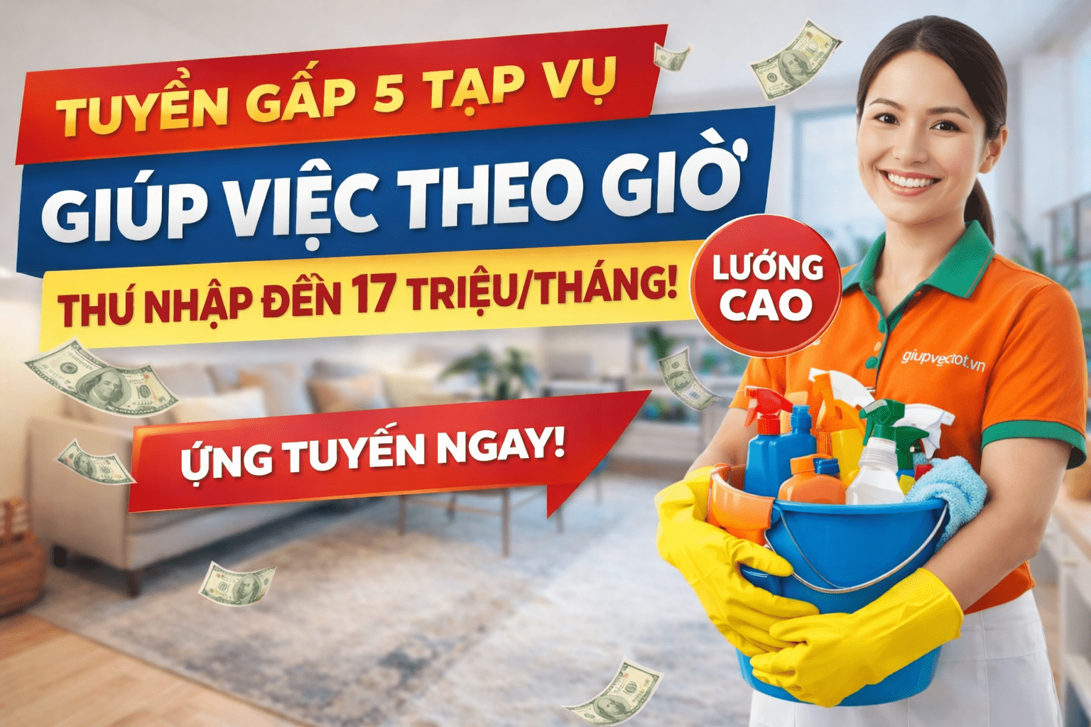 Tuyển Gấp 5 Tạp Vụ Giúp Việc Theo Giờ – Thu Nhập Đến 17 Triệu/Tháng