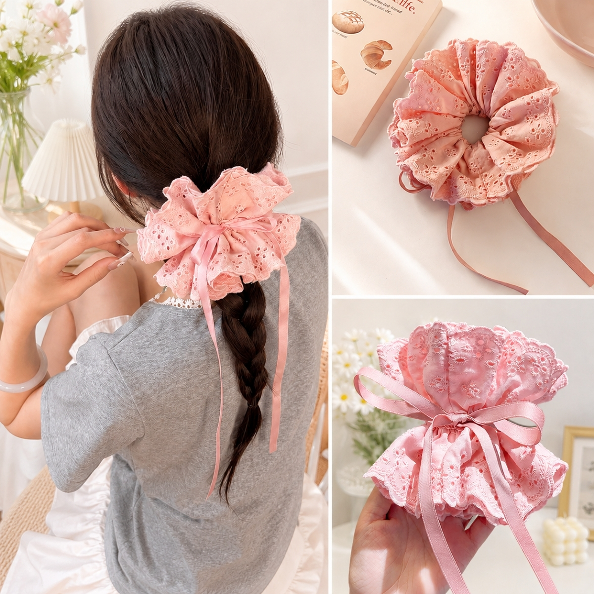 Dây Buộc Tóc Scrunchies Phối Ren Nơ Ruy Băng Phong Cách Tiểu Thư Vintage