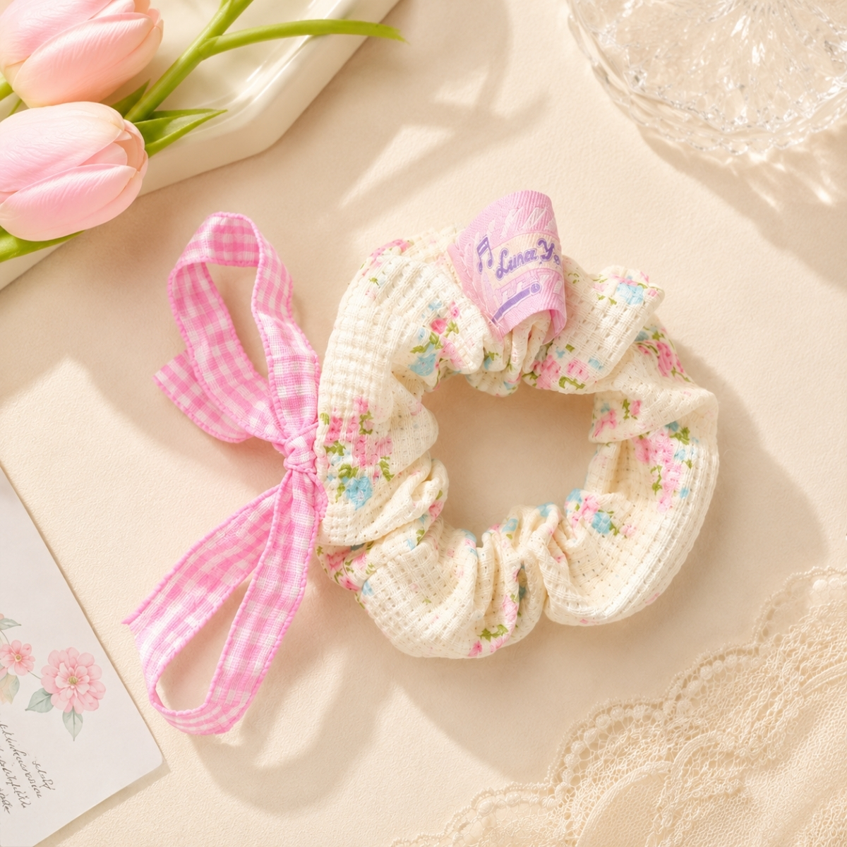 Dây Buộc Tóc Scrunchies Phối Ren Nơ Ruy Băng Phong Cách Tiểu Thư Vintage