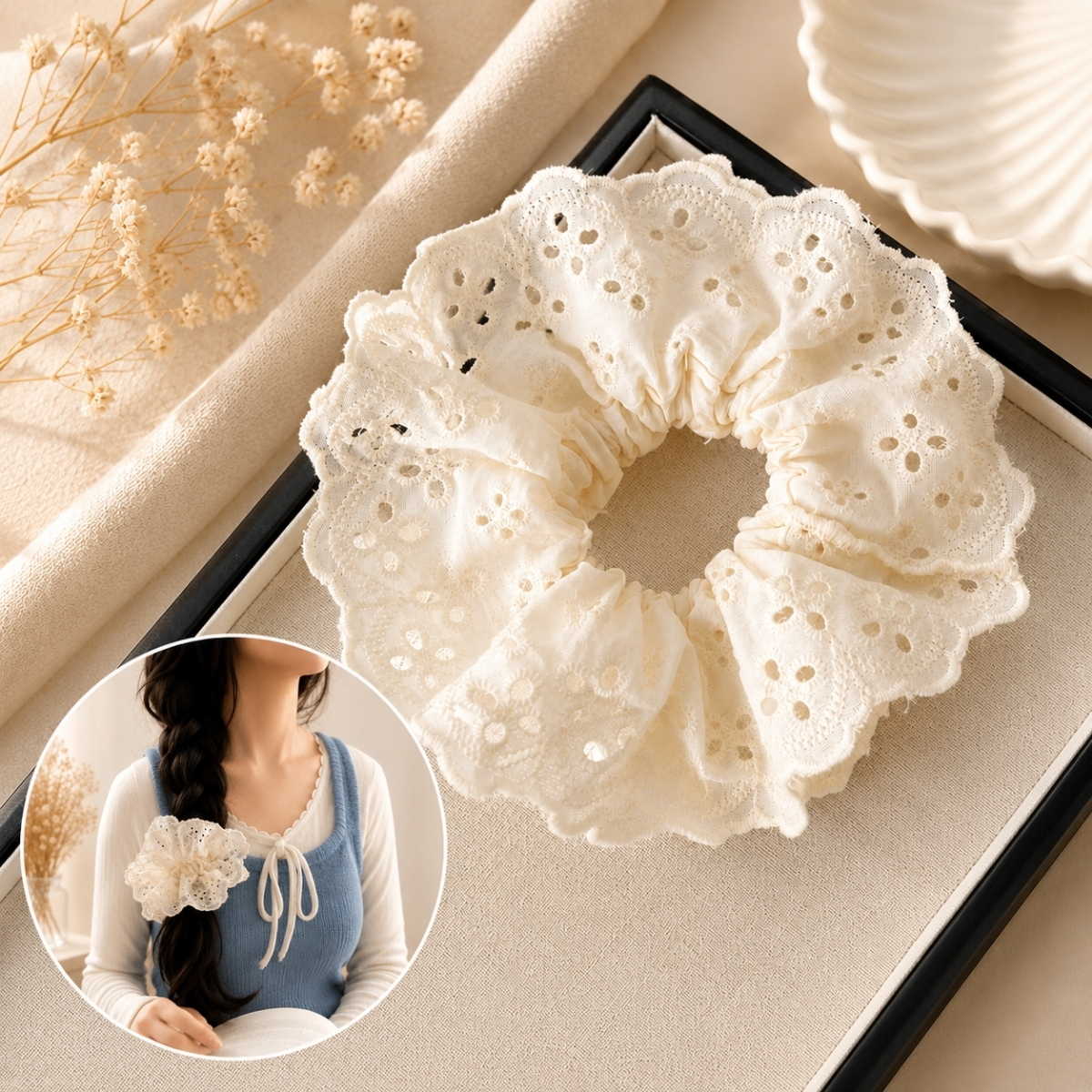 Dây Buộc Tóc Scrunchies Phối Ren Nơ Ruy Băng Phong Cách Tiểu Thư Vintage