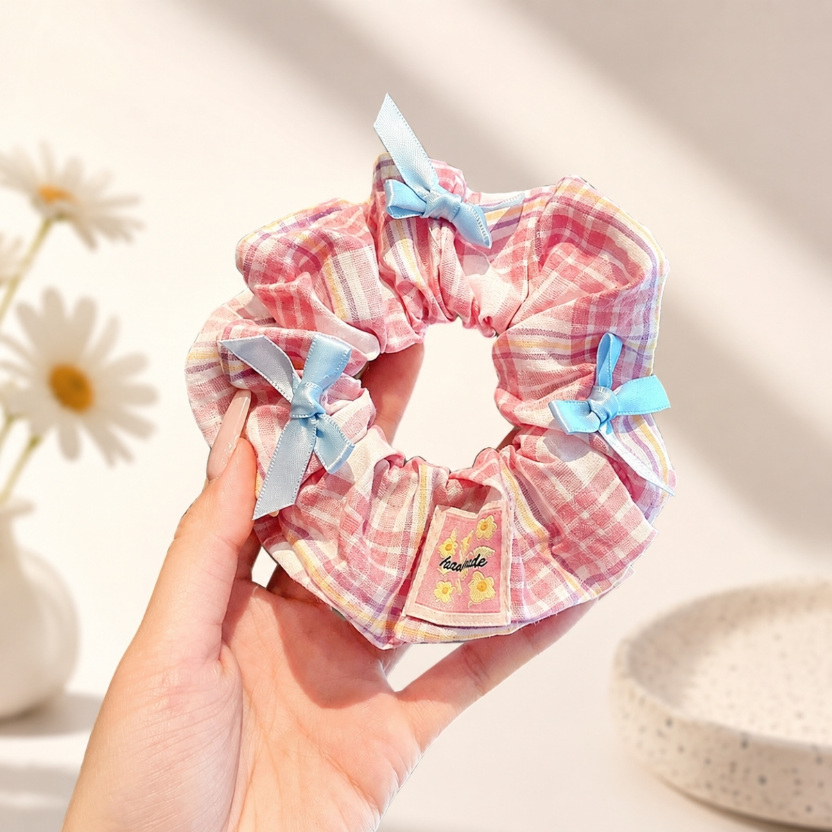 Dây Buộc Tóc Scrunchies Phối Ren Nơ Ruy Băng Phong Cách Tiểu Thư Vintage