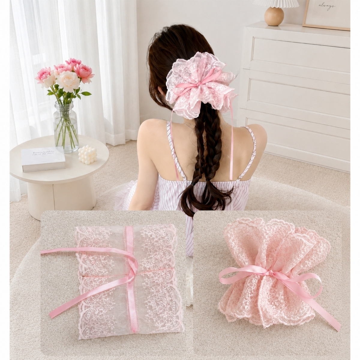 Dây Buộc Tóc Scrunchies Phối Ren Nơ Ruy Băng Phong Cách Tiểu Thư Vintage