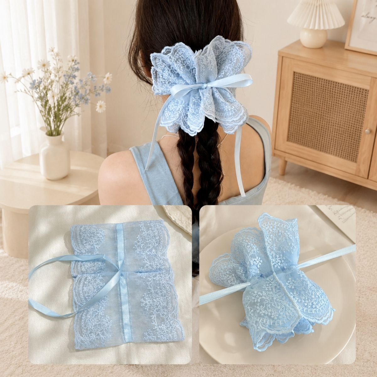 Dây Buộc Tóc Scrunchies Phối Ren Nơ Ruy Băng Phong Cách Tiểu Thư Vintage