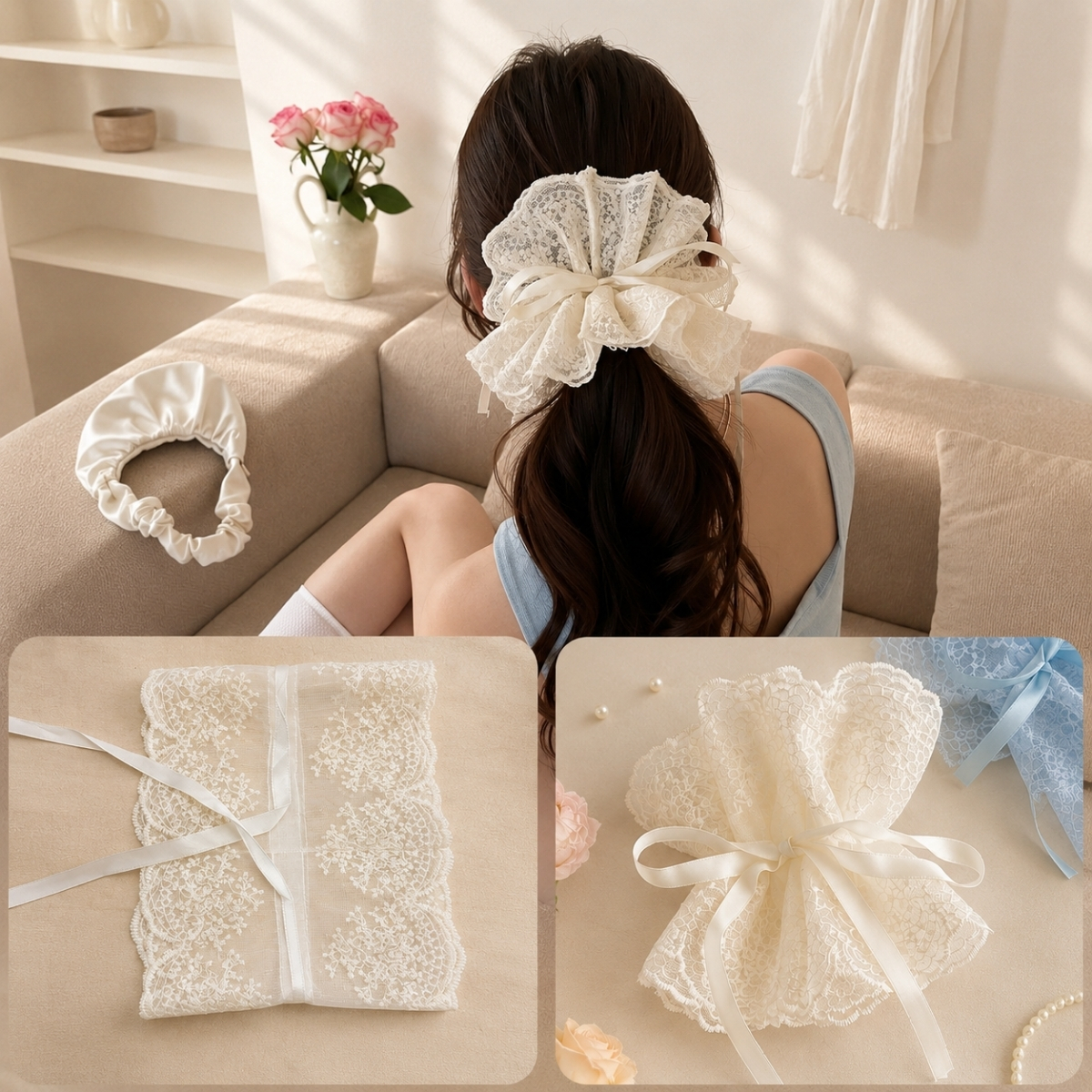 Dây Buộc Tóc Scrunchies Phối Ren Nơ Ruy Băng Phong Cách Tiểu Thư Vintage
