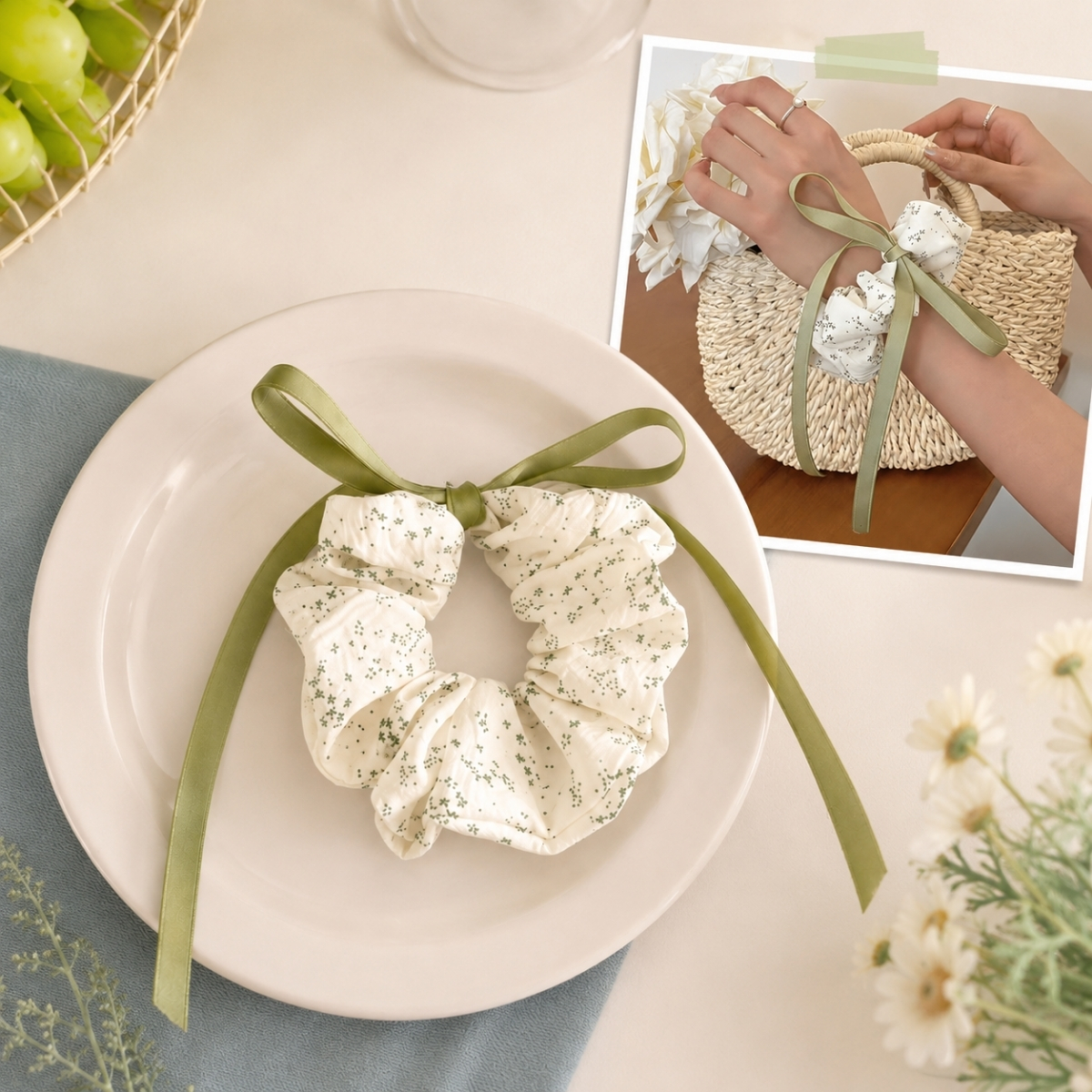 Dây Buộc Tóc Scrunchies Phối Ren Nơ Ruy Băng Phong Cách Tiểu Thư Vintage