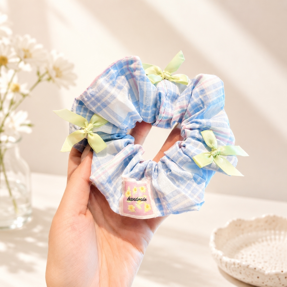 Dây Buộc Tóc Scrunchies Phối Ren Nơ Ruy Băng Phong Cách Tiểu Thư Vintage