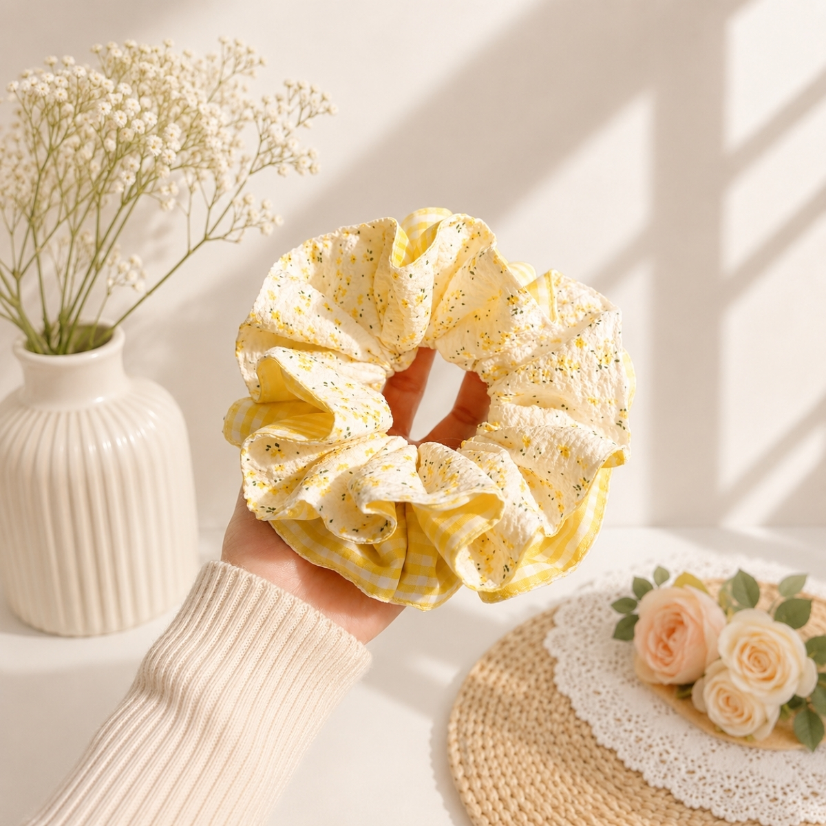 Dây Buộc Tóc Scrunchies Phối Ren Nơ Ruy Băng Phong Cách Tiểu Thư Vintage