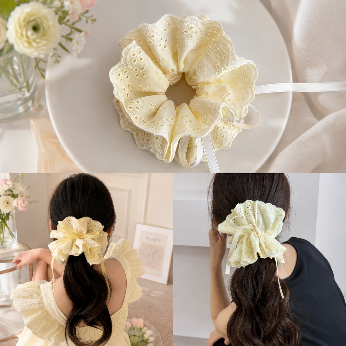 Dây Buộc Tóc Scrunchies Phối Ren Nơ Ruy Băng Phong Cách Tiểu Thư Vintage