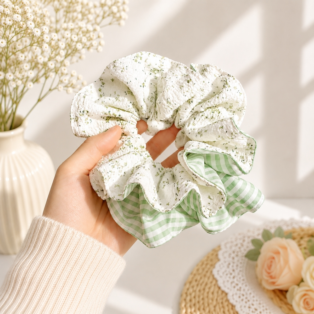Dây Buộc Tóc Scrunchies Phối Ren Nơ Ruy Băng Phong Cách Tiểu Thư Vintage