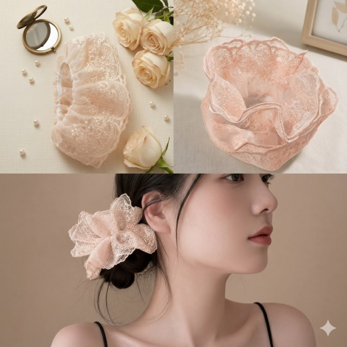 Dây Buộc Tóc Scrunchies Phối Ren Nơ Ruy Băng Phong Cách Tiểu Thư Vintage