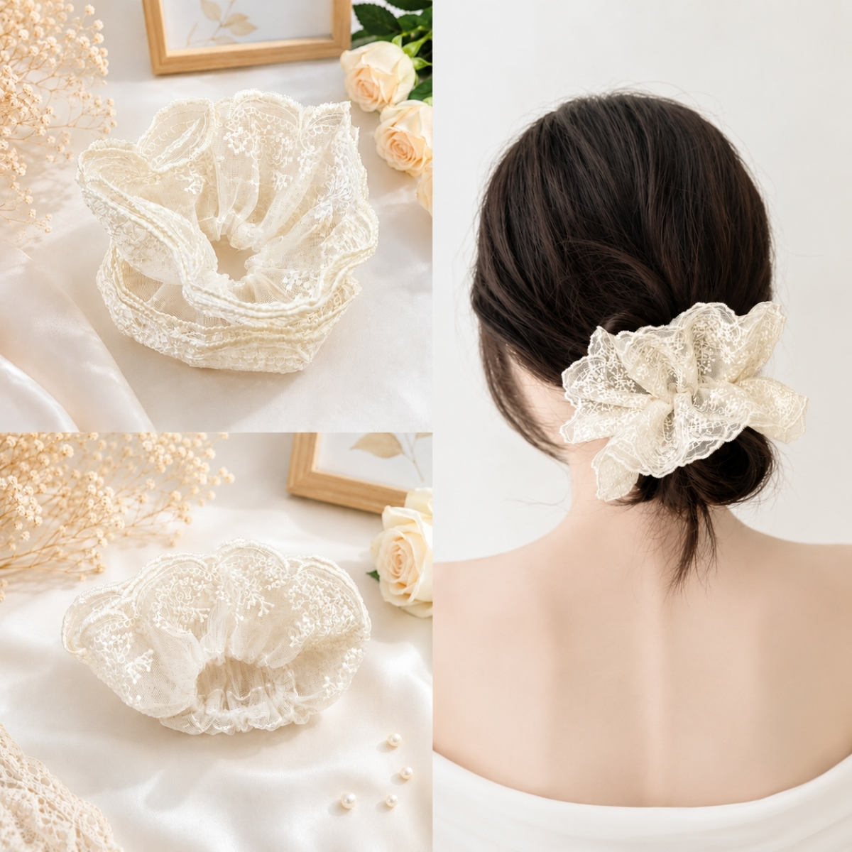 Dây Buộc Tóc Scrunchies Phối Ren Nơ Ruy Băng Phong Cách Tiểu Thư Vintage