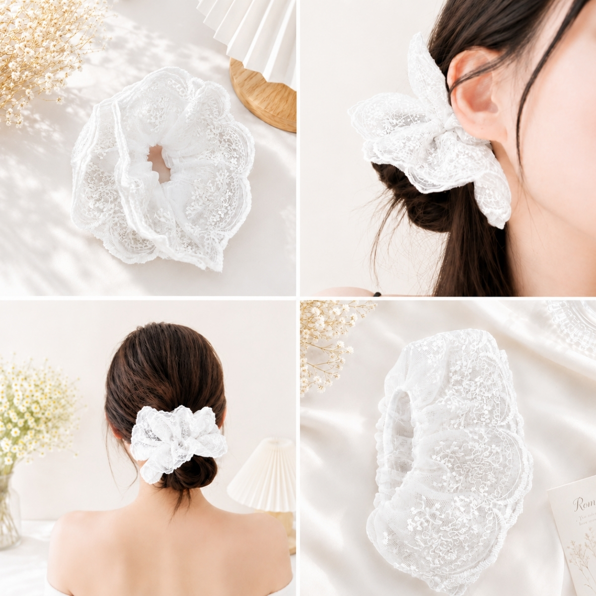 Dây Buộc Tóc Scrunchies Phối Ren Nơ Ruy Băng Phong Cách Tiểu Thư Vintage