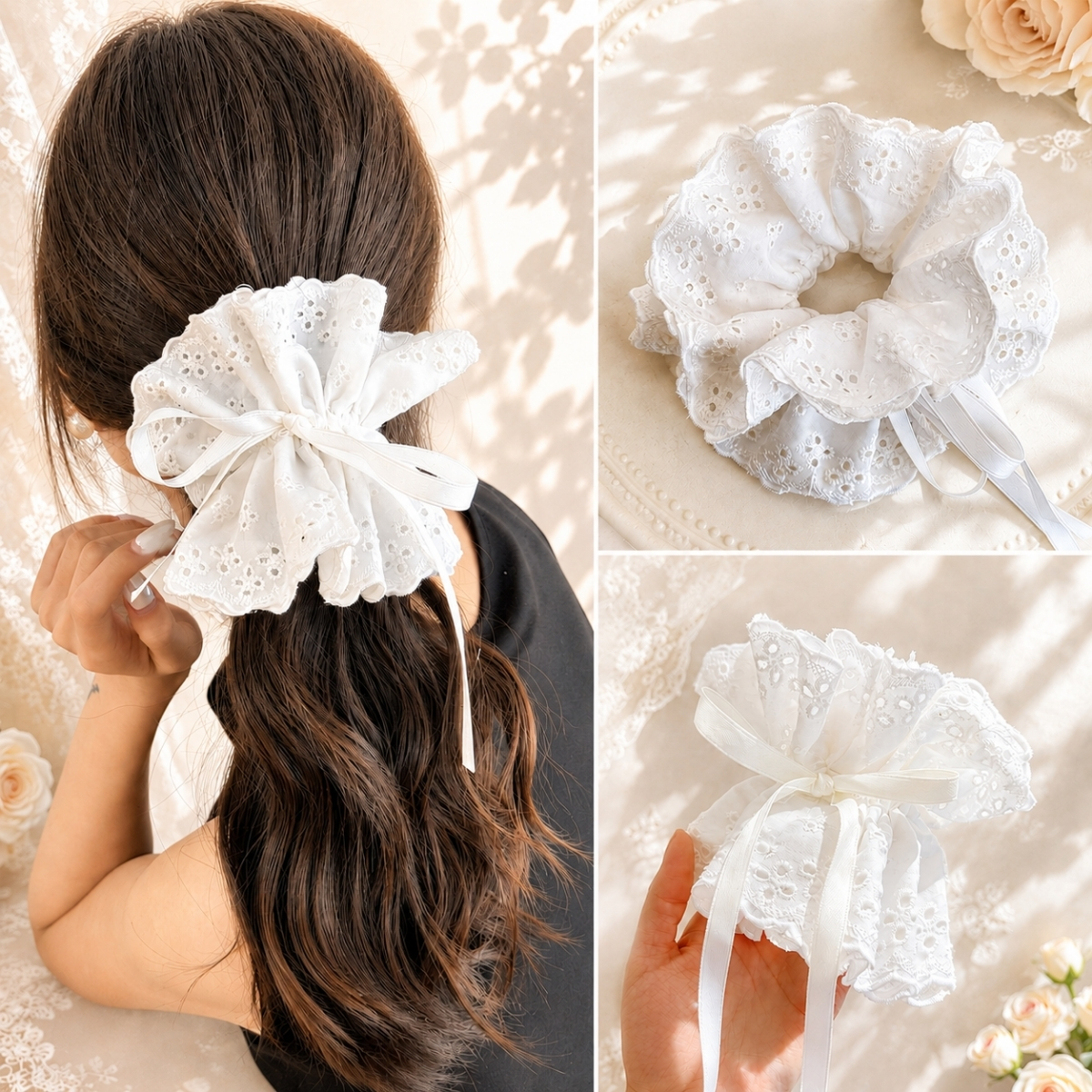 Dây Buộc Tóc Scrunchies Phối Ren Nơ Ruy Băng Phong Cách Tiểu Thư Vintage
