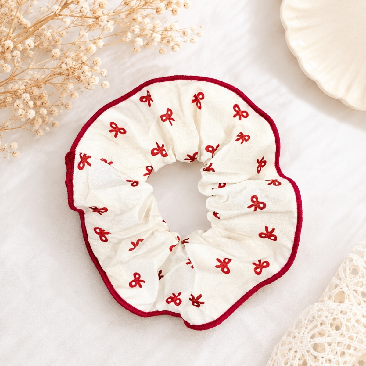 Dây Buộc Tóc Scrunchies Phối Ren Nơ Ruy Băng Phong Cách Tiểu Thư Vintage