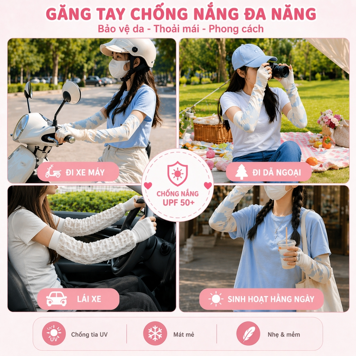 Bao Tay Chống Nắng Nữ Form Rộng Thoáng Mát, Găng Tay Dài Co Giãn Mềm Mịn Chống Tia UV