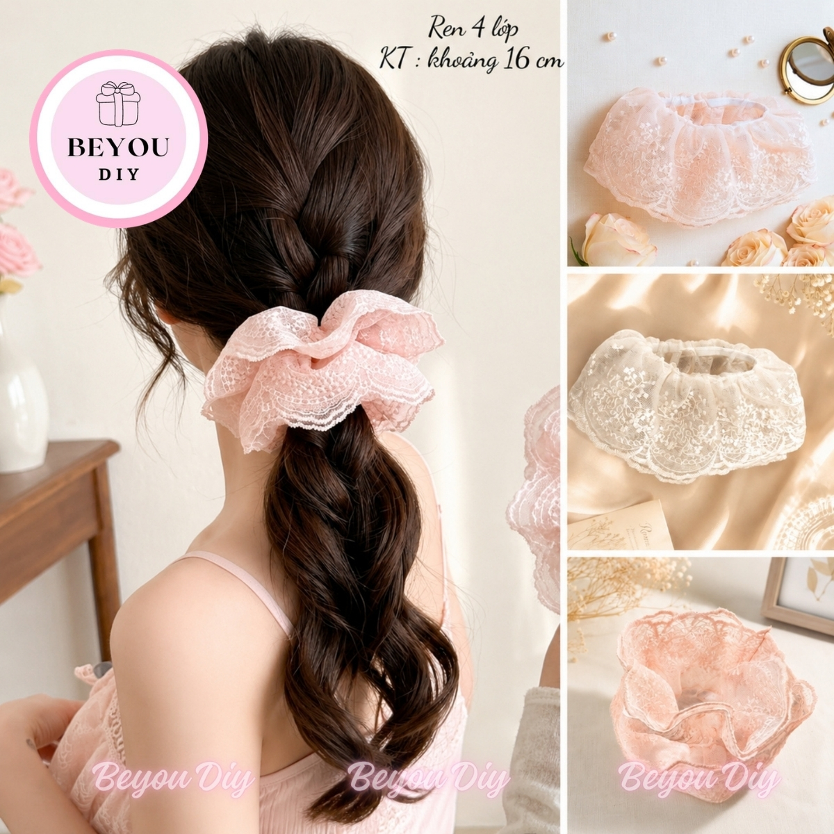 Dây Buộc Tóc Scrunchies Phối Ren Nơ Ruy Băng Phong Cách Tiểu Thư Vintage