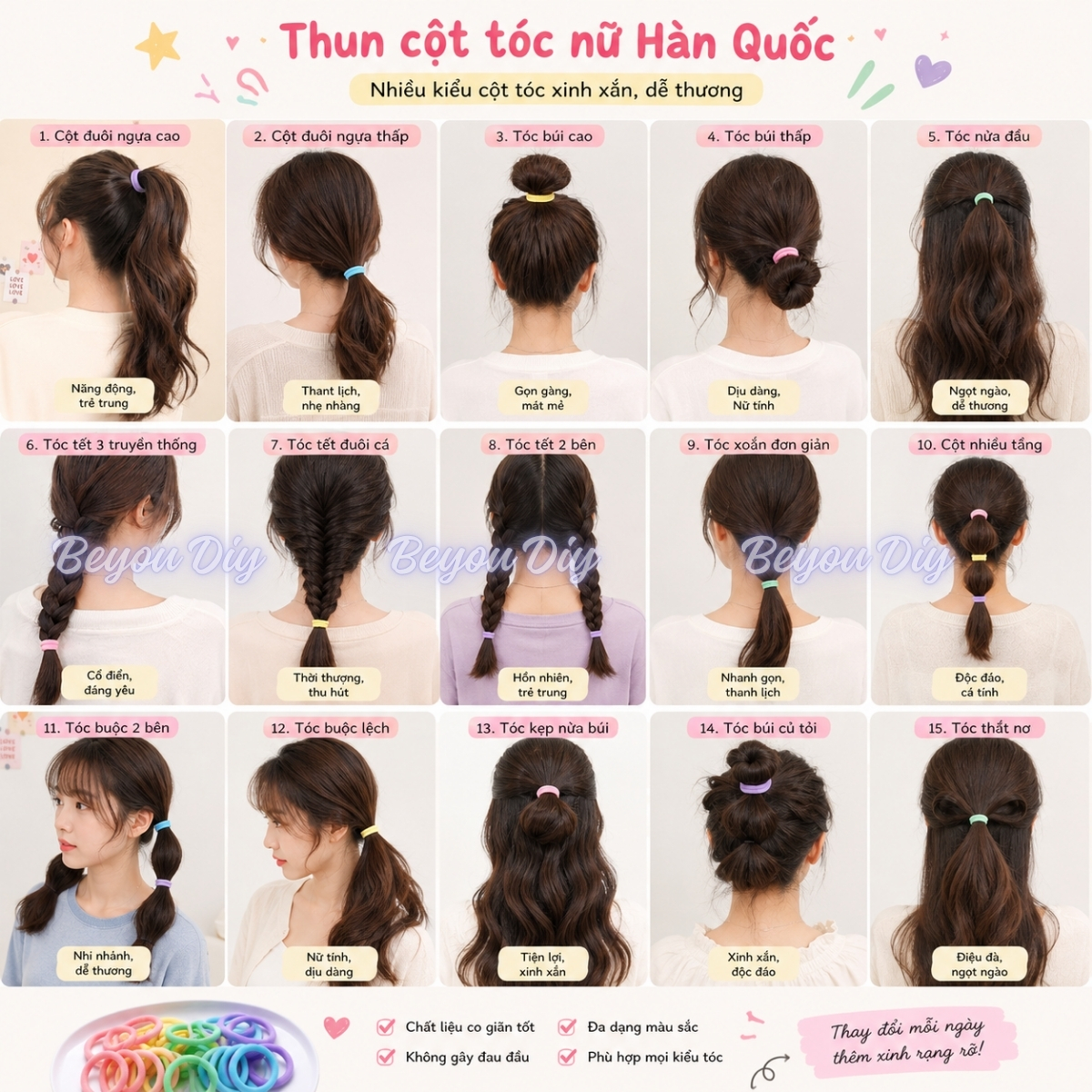 Túi 50 Dây Thun Cột Tóc Hàn Quốc Co Giãn, Không Gây Đau Tóc, Nhiều Màu Sắc Hot Trend